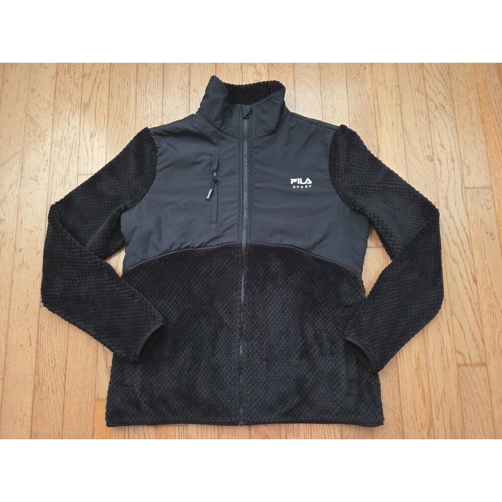 FILA Sport Full Zip Faux Fur Fleece Jacket Women Size M Black Long Sleeve 73277